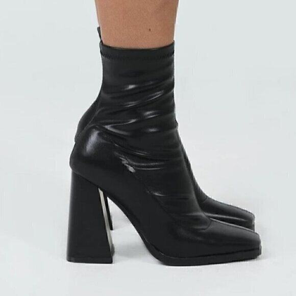 Princess Polly Mid-Calf Black Boots Women’s 6 Square Toe Block Heel Side Zipper - Picture 2 of 16